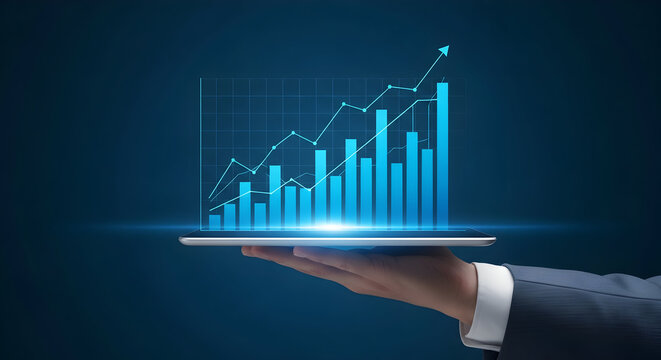 Hand holding tablet displaying a vibrant blue financial growth chart with upward trending lines and bars against a dark blue background symbolizing business success and investment opportunities