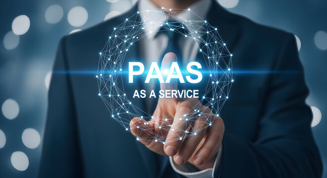Businessman in a suit touching a glowing paas (platform as a service) interface with a digital network showcasing cloud computing and modern technology solutions for business innovation and growth