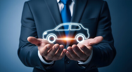 Businessman presents a glowing car icon in his hands representing car insurance auto finance vehicle safety and the future of automotive technology and transportation solutions