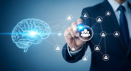 Businessman connecting brain to network of people icons representing artificial intelligence social connections and innovative solutions in a modern technology environment