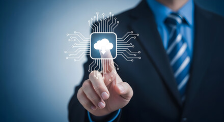 Businessman interacts with a cloud computing interface on a digital screen showcasing modern technology and data management solutions for business and personal use in the digital age