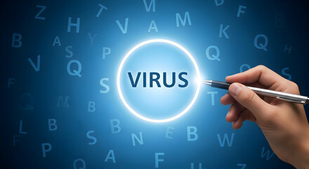 Hand points to the word virus inside a glowing circle on a blue background with scattered letters representing medical research and the spread of viral infections and disease prevention