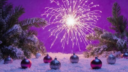 Festive Winter Night Sky with Fireworks and Ornaments.