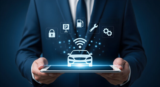 Man in suit holds tablet displaying a connected car with wifi parking gas repair and settings icons showcasing automotive technology and smart vehicle features for modern transportation solutions