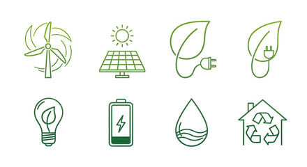 A collection of eight line art icons representing renewable energy sources and sustainable living, including wind turbine, solar panel, leaf-plug, lightbulb,...