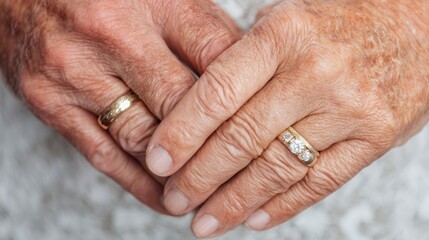 Close up of a man and woman hands with wedding rings. Senior couple expressing love and devotion. Life partnership and family concept.