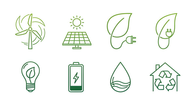 A collection of eight line art icons representing renewable energy sources and sustainable living, including wind turbine, solar panel, leaf-plug, lightbulb,...