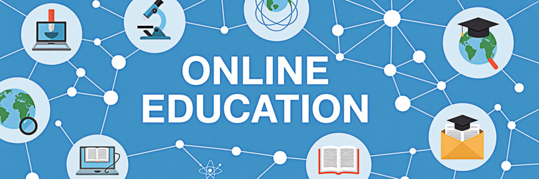 Online education banner featuring interconnected icons representing global learning digital resources scientific research and academic achievement on a blue background for educational purposes - Powered by Adobe