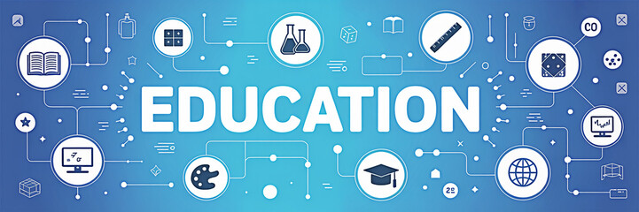 Education concept illustration featuring learning icons such as books beakers graduation cap globe and computer on a blue background ideal for educational websites and marketing materials