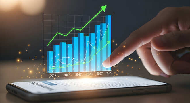 Financial Growth Chart Displayed on Smartphone Screen with Finger Interaction. - Powered by Adobe