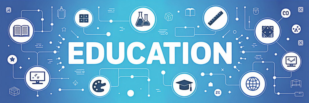 Education concept illustration featuring learning icons such as books beakers graduation cap globe and computer on a blue background ideal for educational websites and marketing materials