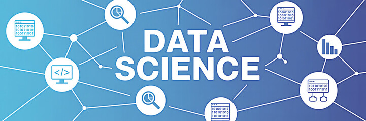 Data science concept with network connections and icons representing data analysis programming and database management on a blue gradient background for technology and business applications