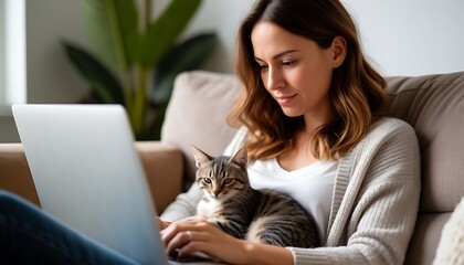 Woman sitting on sofa, typing on laptop with a cat on her lap, representing remote work and pet companionship