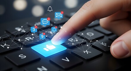 Finger pressing a glowing blue button with social media icons floating above a keyboard.