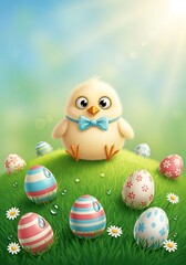 Easter Chick and Decorated Eggs on Green Hill.
