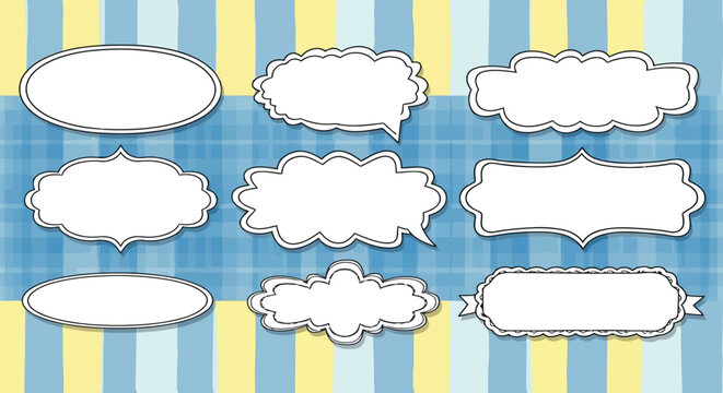 Collection of nine decorative label frames with blue and yellow striped background for design projects