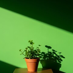 A small potted plant with round green leaves casting a shadow on a vibrant green wall illuminated by sunlight in a minimalistic indoor setting