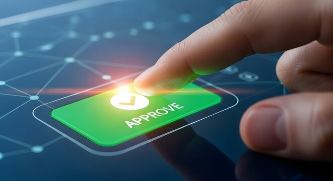 Finger pressing a glowing green approve button on a digital interface with network connections.