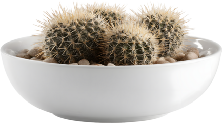 Rounded spiny cacti grow in a white bowl with pebbles.