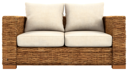 Natural wicker sofa with plush cushions sits ready for comfort.