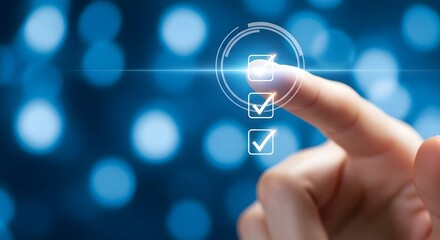 Finger Touching Digital Checklist Interface with Glowing Checkmarks on Blue Bokeh Background.