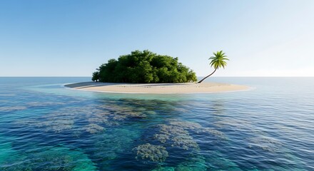 Secluded Tropical Island Paradise with Coral Reef and Clear Blue Waters.