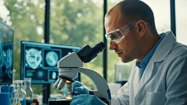 Scientific Inquiry: A focused scientist, shielded by safety glasses, meticulously examines a sample through a microscope, immersed in a pursuit of scientific exploration.
