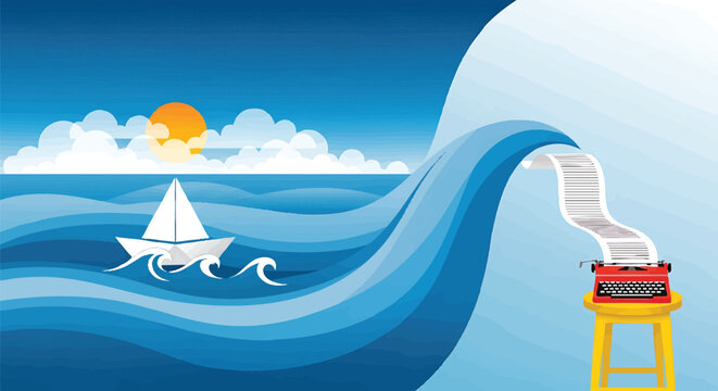 Creative writing inspiration sea ocean paper boat typewriter blue background vector - Powered by Adobe