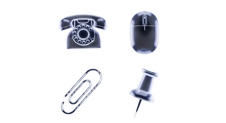 Office communication vintage telephone computer mouse paper clip and push pin