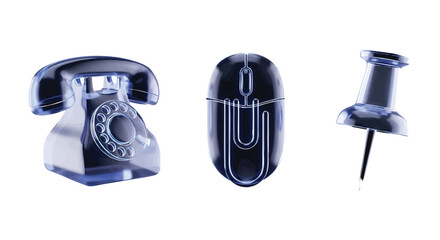 Modern office communication tools with vintage phone computer mouse and pin