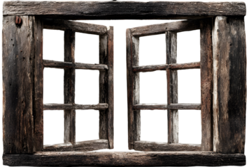 Old wooden window frames are open against a black background.