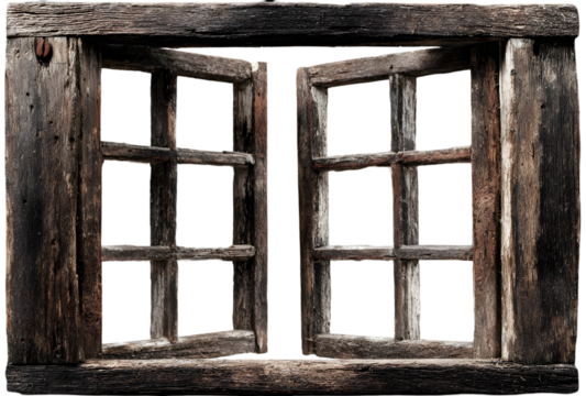 Old wooden window frames are open against a black background.