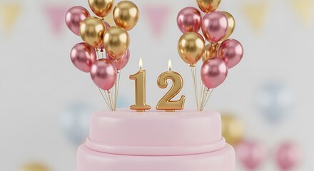 Celebrating Twelve Years - A Pink Birthday Cake with Golden Number Candles.