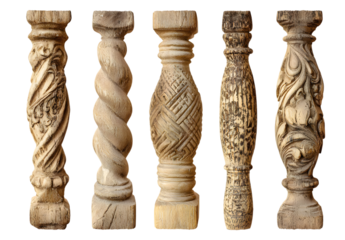 Five decorative carved wooden balusters display diverse ornate designs.