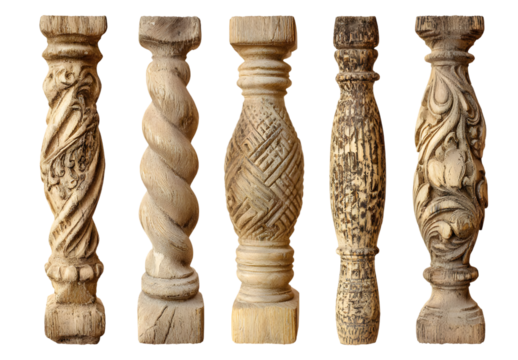 Five decorative carved wooden balusters display diverse ornate designs.