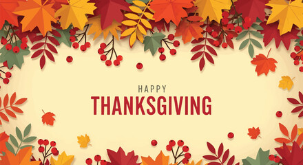Festive Thanksgiving background with colorful autumn leaves and berry accents