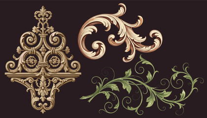 Elegant baroque and rococo floral ornament set with scrolls, leaves, and vintage acanthus decorations on black background.