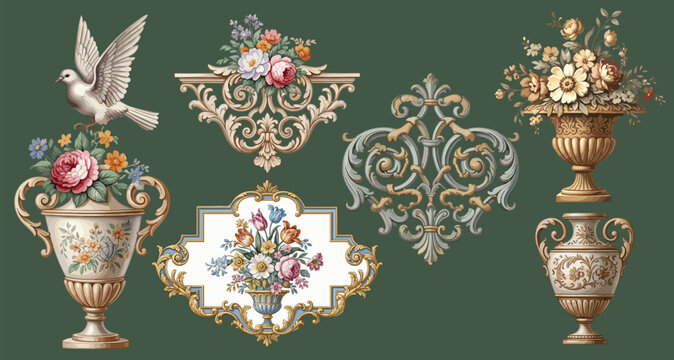 Floral decorative vector elements set, rococo and baroque style, vintage royal details. engraving illustration set