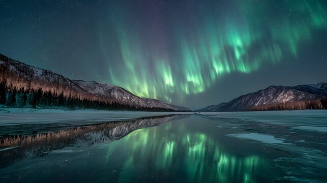 Colorful aurora borealis shimmers above snow-covered mountains and reflects on a calm frozen lake at night.