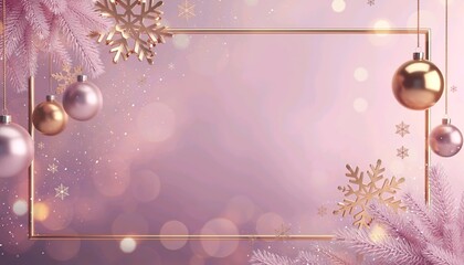 Elegant pastel pink Christmas frame featuring gold ornaments forming festive border