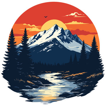 Rockies Mountain Sunset with River and Pine Trees Vector
