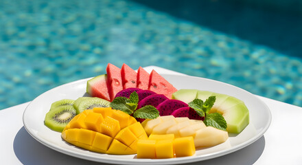 A vibrant plate of fresh tropical fruits by a sparkling blue swimming pool on a sunny day.
