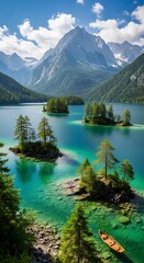 Eibsee Lakes Serene Beauty - Islands, Mountains, and Turquoise Waters.