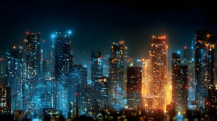 A futuristic city skyline glows with vibrant neon lights at night.