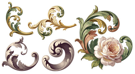 Luxurious baroque floral ornaments with gold acanthus scrolls and pink roses on dark blue background, elegant design. © bow