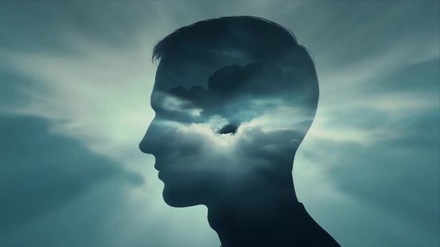 Silhouette of a mans head with clouds inside, representing thoughts and mental state.