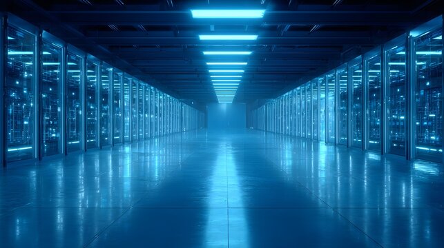 Data center corridor, blue-lit, rows of server racks, polished reflective floor.