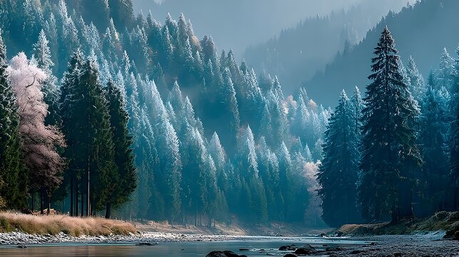 A calm river winding through a pine forest in a misty mountain landscape.