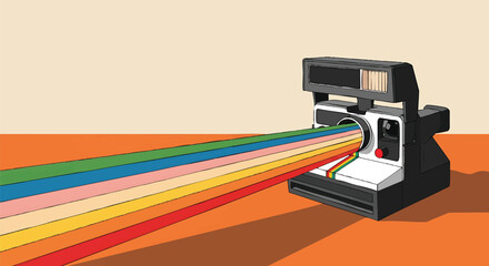 Retro Polaroid Camera with Rainbow Rays Representing Creativity and Nostalgia