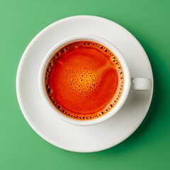 A top-down view of a white ceramic cup filled with hot, freshly brewed tea on a matching saucer against a vibrant green background